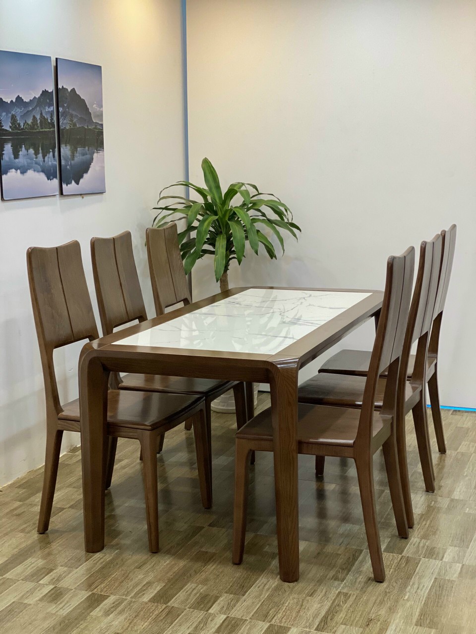 Bộ Bàn Ăn 6 Ghế Gỗ Tự Nhiên Màu Óc Chó